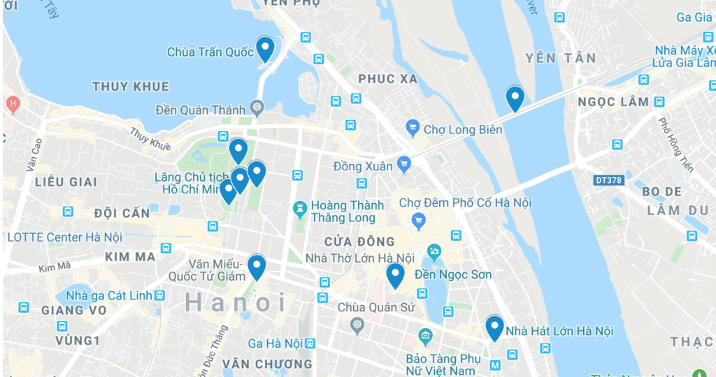 Carte des monuments historiques de Hanoi, Vietnam