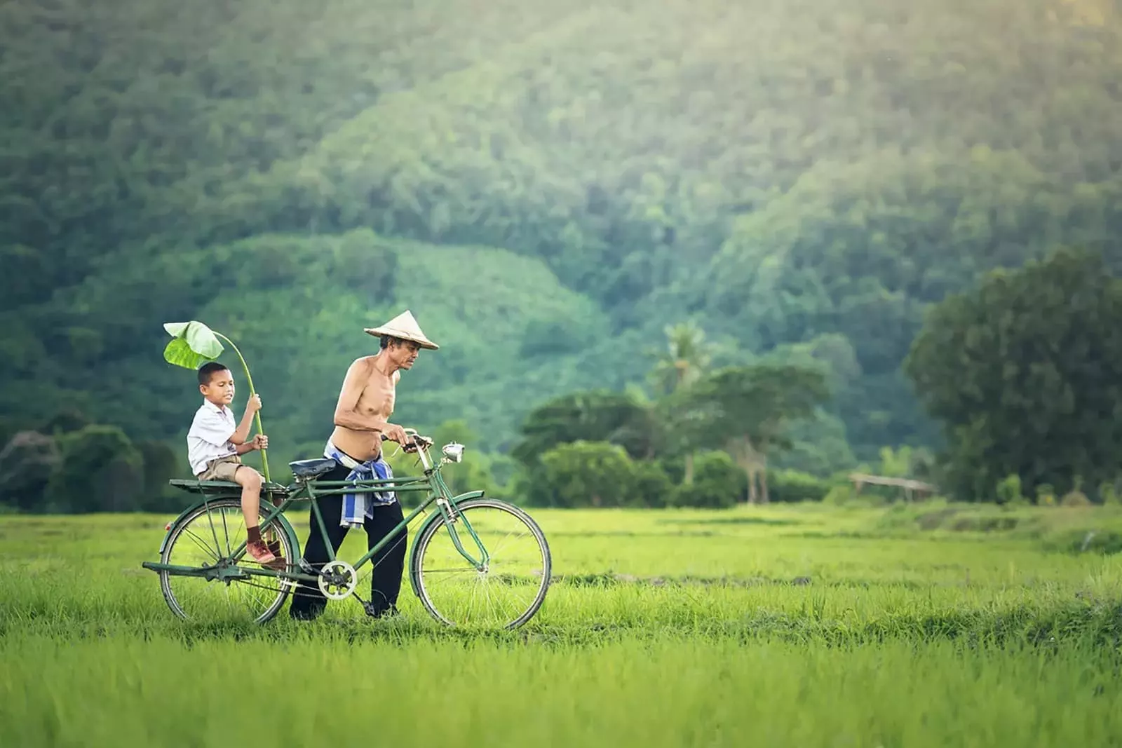 Un homme et son petit-fils sur un vélo dans la campagne cambodgienne