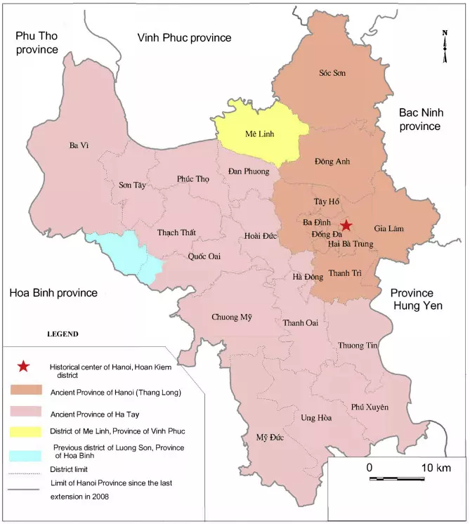 Bản đồ Hà Nội sau khi sáp nhập với Hà Tây (phần màu hồng). Nguồn: ScienceDirect