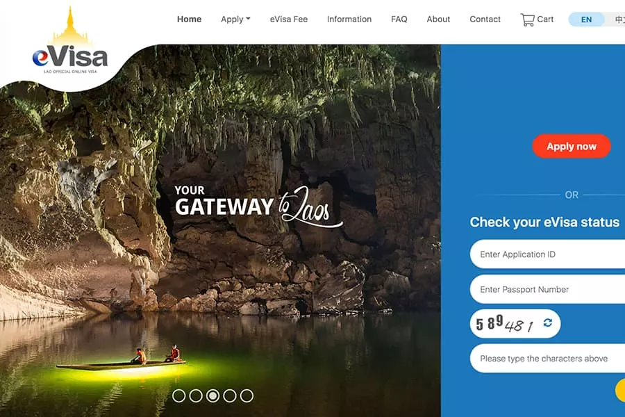 Page d'accueil du site web de l'immigration du Laos permettant de faire sa demande de e-visa