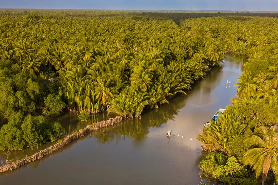 Vue aérienne des canaux à travers la végétation luxuriante du delta du Mékong, à Ben Tre