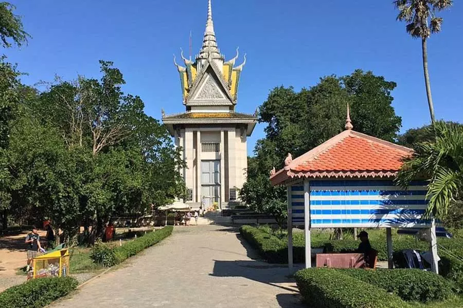 View of the Choeung Ek killing fields memorial and its garden