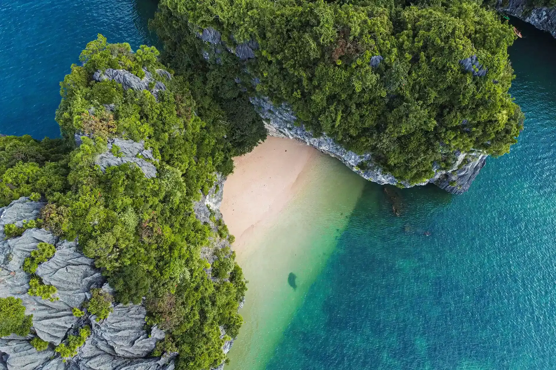 Vue aérienne d'un piton karstique de la baie d'Halong